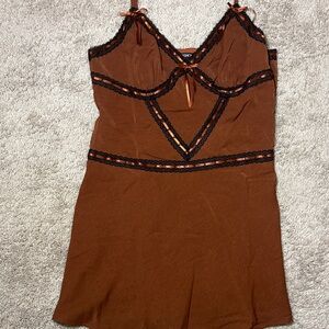 Fashion Nova Brown Mini Dress with Black Lace Trim